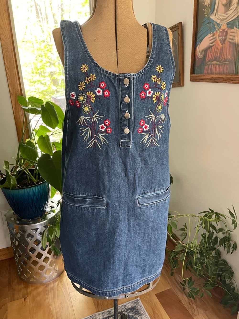 Floral Embroidered Denim Jumper Dress 90s Y2K